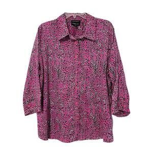Foxcroft Wrinkle Free Button Down Blouse Plus Size 16W Pink Animal Print Shaped